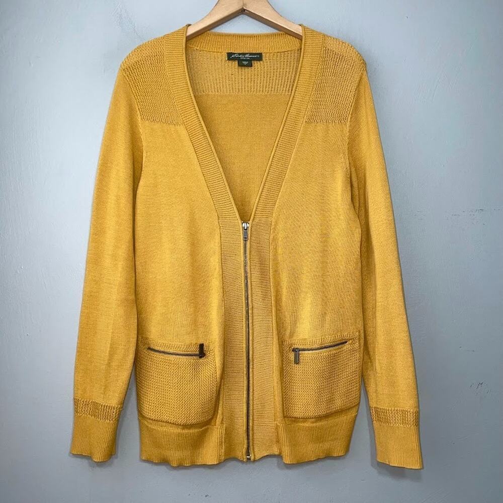 Eddie Bauer Size Medium Mustard Gold Cotton Sweater Cardigan Zip Moto Preppy